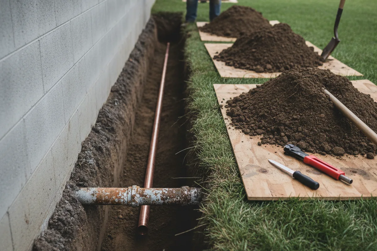 Excavated water line trench during Water Heater Repair in West Liberty